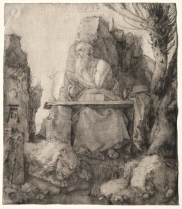 Św. Jerome siedzący w pobliżu wierzby Pollard, 1512. autorstwa Albrecht Dürer
