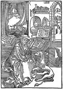 Św. Hieronim w swoim gabinecie wyciąga cierń z łapy lwa, 1492, 1936 autorstwa Albrecht Dürer
