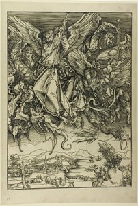 Św. Michał walczący ze smokiem, z Apokalipsy autorstwa Albrecht Dürer