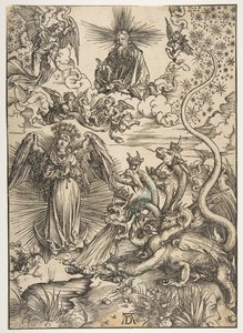 Kobieta apokaliptyczna z Apokalipsy, wydanie łacińskie, 1511, 1511. autorstwa Albrecht Dürer