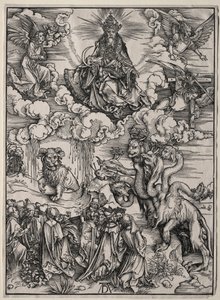 Bestia z siedmioma głowami i Bestia z rogami baranka. autorstwa Albrecht Dürer