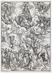 Bestia z dwoma rogami jak baranek z serialu „Apokalipsa” autorstwa Albrecht Dürer
