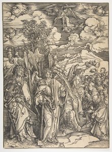 Cztery anioły trzymające wiatry, z Apokalipsy, wydanie niemieckie, 1498, ca. 1498. autorstwa Albrecht Dürer