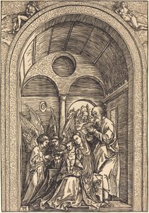 Święta Rodzina z dwoma aniołami w sklepionej sali autorstwa Albrecht Dürer