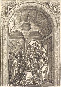 Święta Rodzina z dwoma aniołami w sklepionej sali autorstwa Albrecht Dürer
