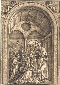Święta Rodzina z dwoma aniołami w sklepionej sali autorstwa Albrecht Dürer