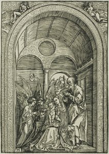 Święta Rodzina z dwoma aniołami w sklepionej sali autorstwa Albrecht Dürer