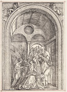 Święta Rodzina z dwoma aniołami w sklepionej sali autorstwa Albrecht Dürer