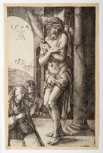 Mąż Bolesny przy Kolumnie z Matką Boską i Św. Janem, z Wyrytej Pasji autorstwa Albrecht Dürer
