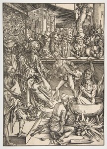Męczeństwo św. Jana, z Apokalipsy, wydanie łac. 1511, ca. 1496. autorstwa Albrecht Dürer