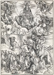 Siedmiogłowa Bestia i Bestia z Baranimi Rogami, z Apokalipsy św. Jana, 1496-98 autorstwa Albrecht Dürer