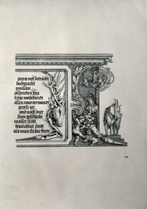 Łuk triumfalny cesarza Maksymiliana I w Niemczech 1459-1519: detal skóry jelenia z inskrypcją wychwalającą powiązania rodzinne cesarza, z kozłem z klapniętymi uszami, symbolem bystrości umysłu. autorstwa Albrecht Dürer