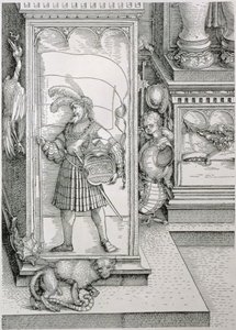Łuk triumfalny cesarza Maksymiliana I w Niemczech 1459-1519: detal podstawy kolumny portalu z rzeźbioną płaskorzeźbą postaci męskiej niosącej sztandar i herb w koronie, pub. 151718 drzeworyt autorstwa Albrecht Dürer