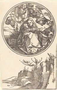 Dziewica ukoronowana przez dwa anioły nad krajobrazem w roku 1515 lub wcześniej. autorstwa Albrecht Dürer