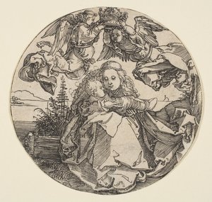Dziewica z Dzieciątkiem ukoronowana przez dwa anioły nad wyciętym pejzażem, ok. godz. 1504. autorstwa Albrecht Dürer