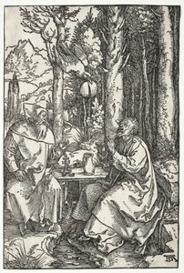 Wizyta św. Antoniego u św. Pawła Pustelnika, ok. godz. 1504. autorstwa Albrecht Dürer