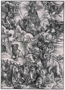 Zwierzę z rogami baranka, postać XI, arkusz 13 z cyklu „Apokalipsa” autorstwa Albrecht Dürer
