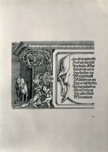 Łuk triumfalny cesarza Maksymiliana I Niemiec 1459-1519: fragment skóry jelenia z napisem wychwalającym związki rodowe cesarzy, z kozą z miękkimi uszami, symbolem wyostrzonego słuchu wszystkich autorstwa Albrecht Dürer