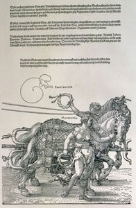 Rydwan triumfalny cesarza Maksymiliana I (1459-1519): szczegóły zaprzęgów konnych, prowadzonych przez dwie cnoty, Opatrzność i Umiarkowanie, wyd. ok. 1518 (drzeworyt) autorstwa Albrecht Dürer