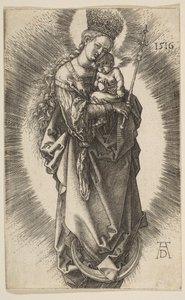 Dziewica na półksiężycu z berłem i gwiaździstą koroną, 1516. autorstwa Albrecht Dürer
