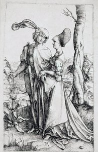 Para spacerująca, obserwowana przez Śmierć ukrytą za drzewem, trzymającą klepsydrę). Grawer Albrechta Durera (1471-1528) 1496-1498 wym. 19x12 cm Berlin, szafka do grawerowania autorstwa Albrecht Dürer