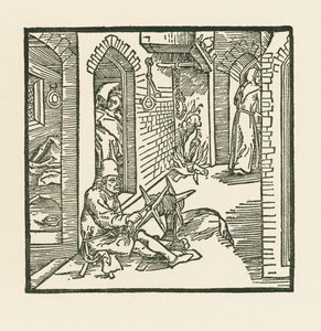 Producent lin widzi mnicha opuszczającego komnatę swojej niewiernej żony autorstwa Albrecht Dürer or Duerer
