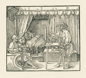 Artysta rysujący siedzącego mężczyznę na płaszczyźnie szkła przez wziernik autorstwa Albrecht Dürer or Duerer