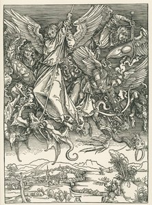 Archanioł Michał walczący ze smokiem. Objawienie Świętego Jana, ok. 1498 (drzeworyt) autorstwa Albrecht Dürer or Duerer