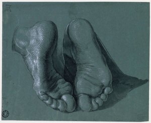 Etude de pieds - Study of Two Feet - Rysunek Albrechta Durera (1471-1528), akwarela, kolor biały, czarna kreda na papierze, c1508 (17,6x21,6cm) - Museum Boijmans Van Beuningen, Rotterdam autorstwa Albrecht Dürer