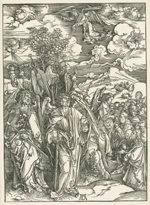 Czterech aniołów powstrzymujących wiatry i podpisanie Wybranych. Objawienie Świętego Jana, ok. 1497-98 (drzeworyt) autorstwa Albrecht Dürer or Duerer