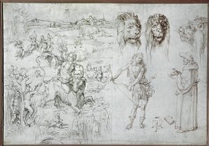 Gwałt na Europie, głowy lwów, łucznik, mędrzec, czaszka (rysunek) autorstwa Albrecht Dürer or Duerer