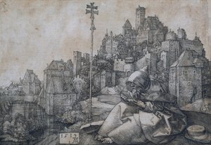Święty Antoni siedzący przed miastem - Miedzioryt Albrechta Durera (1471-1528) autorstwa Albrecht Dürer