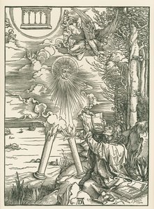 Święty Jan pożerający księgę podarowaną przez anioła. Objawienie Świętego Jana, ok. 1498 (drzeworyt) autorstwa Albrecht Dürer or Duerer