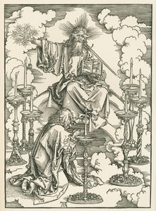 Jana Wizja Chrystusa i siedmiu świeczników. Objawienie św. Jana Bożego, ok. 1496-98 (drzeworyt) autorstwa Albrecht Dürer or Duerer