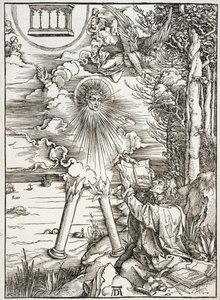 Scena z Apokalipsy, św. Jan pożerający Księgę, wydanie łacińskie autorstwa Albrecht Dürer