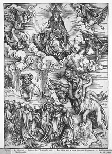 Scena z Apokalipsy, Siedmiogłowy i dziesięciorożny smok (drzeworyt) (zdjęcie czarno-białe) autorstwa Albrecht Dürer