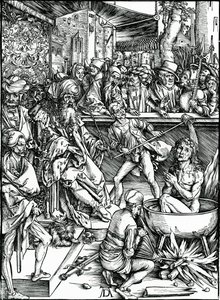 Św. Jan Ewangelista torturowany w kadzi z wrzącym olejem, z serii „Apokalipsa” autorstwa Albrecht Dürer