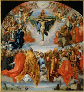 Adoracja Trójcy Świętej z autoportretem Duerera w prawym dolnym rogu (olej na drewnie topoli) autorstwa Albrecht Dürer or Duerer