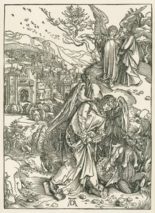 Anioł z kluczem zrzucający smoka do otchłani i inny anioł pokazujący świętemu Janowi Nowe Jeruzalem, ok. 1497-98 (drzeworyt) autorstwa Albrecht Dürer or Duerer
