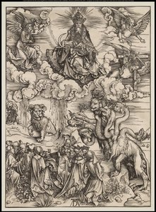 Apokalipsa: Bestia z dwoma rogami jak baranek, 1496-97 autorstwa Albrecht Dürer