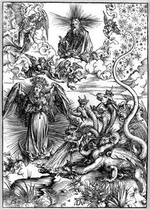 Kobieta Apokaliptyczna lub Kobieta obleczona w Słońce i Siedmiogłowy Smok z Apokalipsa lub Objawienia św. Jana autorstwa Albrecht Dürer
