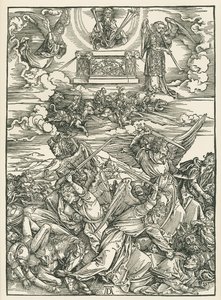 Bitwa aniołów. Objawienie Świętego Jana, ok. 1496-98 (drzeworyt) autorstwa Albrecht Dürer or Duerer