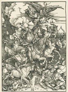 Czterej jeźdźcy Apokalipsy. Apokalipsa świętego Jana, ok. 1497-98 (drzeworyt) autorstwa Albrecht Dürer or Duerer