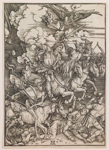 Czterej jeźdźcy Apokalipsy, z "Apokalipsy", ok. 1497-98 (drzeworyt) autorstwa Albrecht Dürer or Duerer