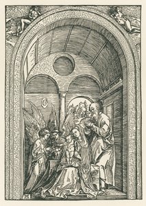 Święta Rodzina z dwoma aniołami w portyku, ok. 1503-04 (drzeworyt) autorstwa Albrecht Dürer or Duerer