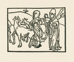 Kapłan w swoich szatach wypędzający bydło, a przed nim idzie służąca, ok. 1489-90 (drzeworyt) autorstwa Albrecht Dürer or Duerer