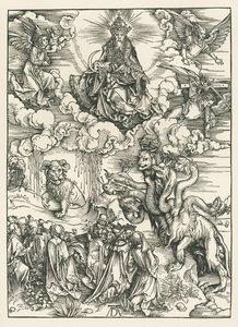 Potwór morski i bestia z rogami baranka. Objawienie Świętego Jana, ok. 1496-97 (drzeworyt) autorstwa Albrecht Dürer or Duerer