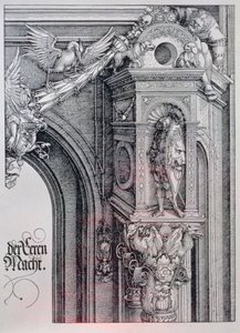 Łuk triumfalny cesarza Maksymiliana I (1459-1519): detal łuku centralnego (Brama Honoru i Władzy) przedstawiający foliowaną i ożywioną głowicę kolumny podtrzymującą rycerza stojącego w architektonicznej niszy, postać trzymająca jeden bok wiszącego cartou autorstwa Albrecht Dürer
