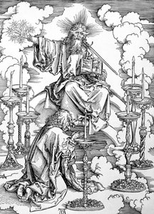 Wizja siedmiu świeczników z "Apokalipsy" lub "Objawień św. Jana Boskiego", wyd. 1498 (drzeworyt) autorstwa Albrecht Dürer