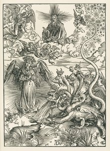 Niewiasta obleczona w słońce i siedmiogłowy smok. Objawienie Świętego Jana, ok. 1497 (drzeworyt) autorstwa Albrecht Dürer or Duerer